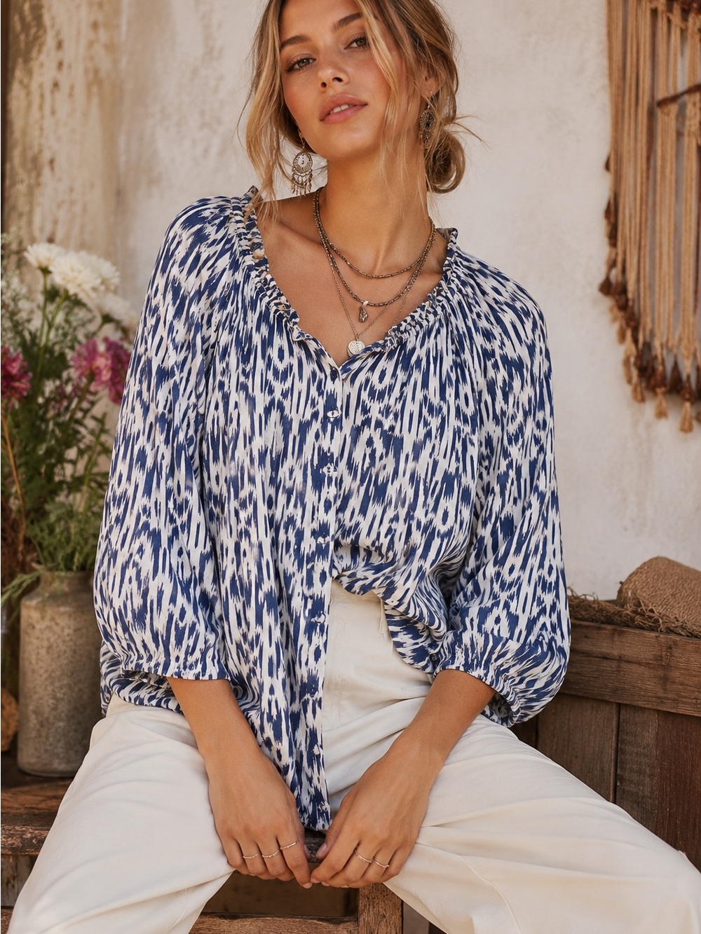 Vintage America Blues Blue White Ikat Print Peasant Blouse Boho 3/4 Sleeve M